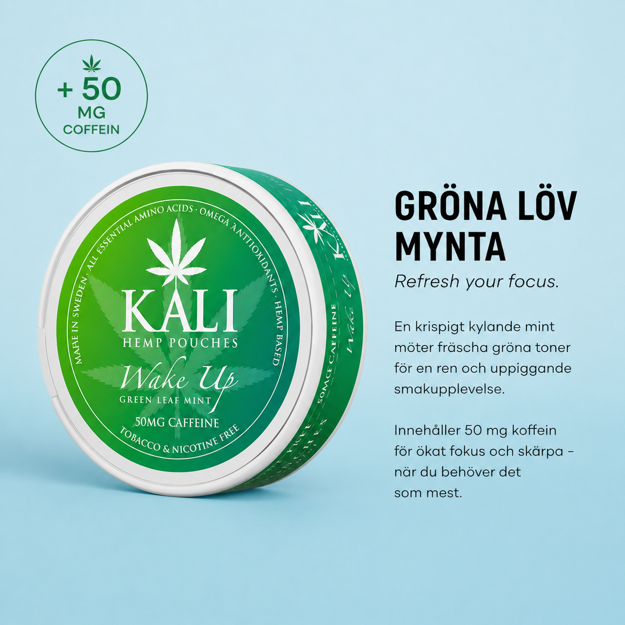 Nikotinfritt snus – KALI Wake Up Hemp Pouches | Gröna Löv Mynta Örtig Ton+ Koffein