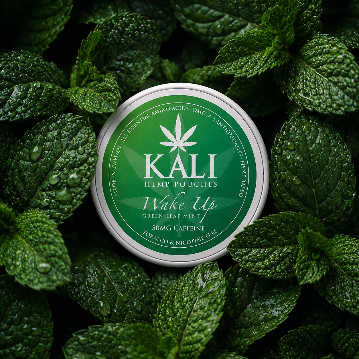 Nikotinfritt snus – KALI Wake Up Hemp Pouches | Gröna Löv Mynta Örtig Ton+ Koffein